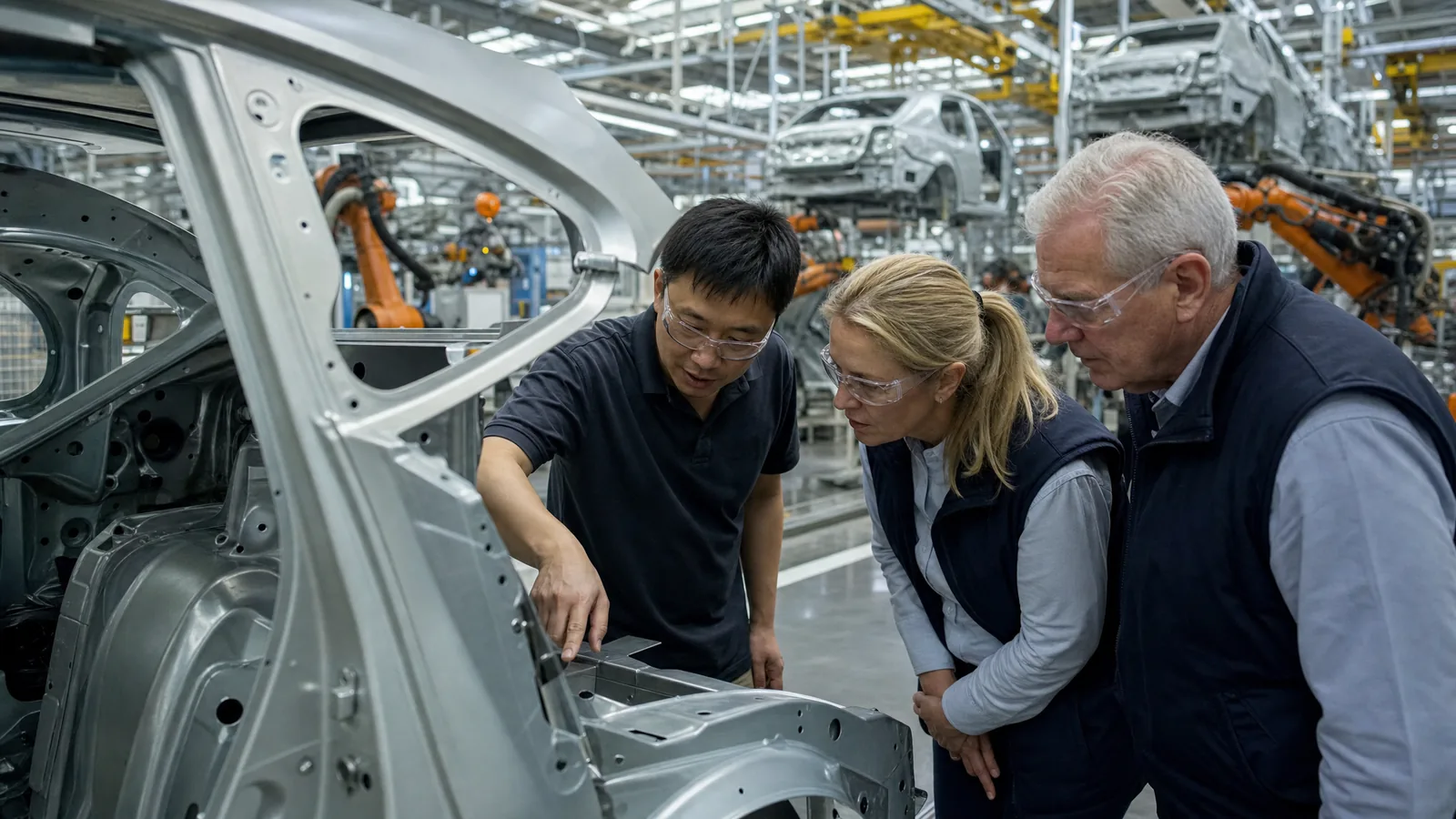 A chief engineer explains a weld on a car body to two Western visitors in safety glasses on an automotive assembly line