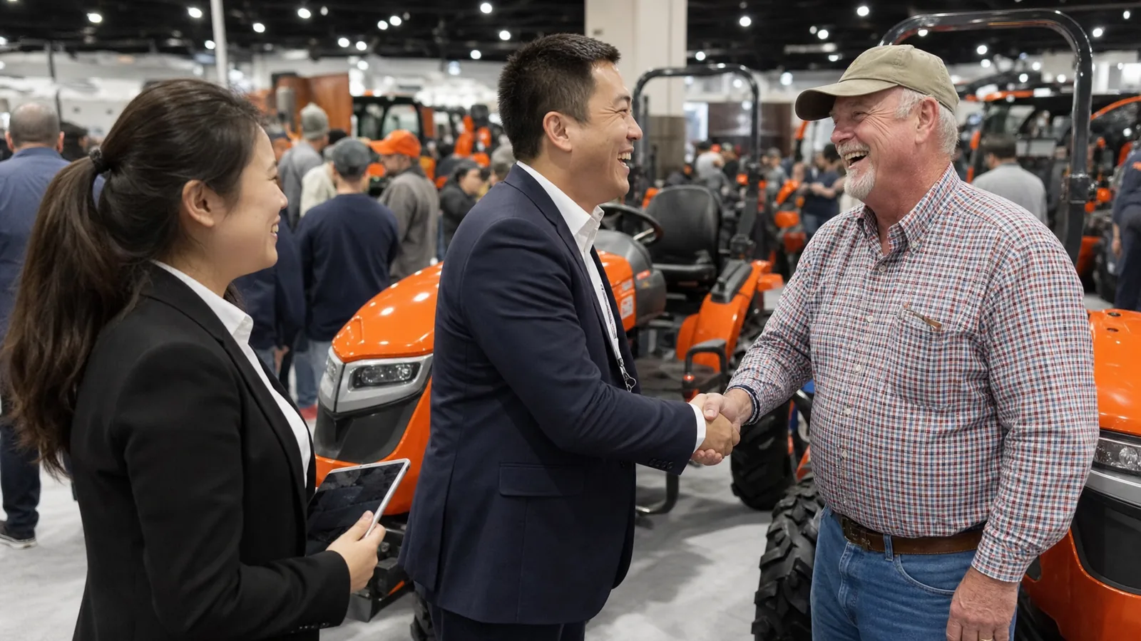 A Chinese sales director and an American equipment dealer shake hands and laugh beside a compact tractor at a US trade show