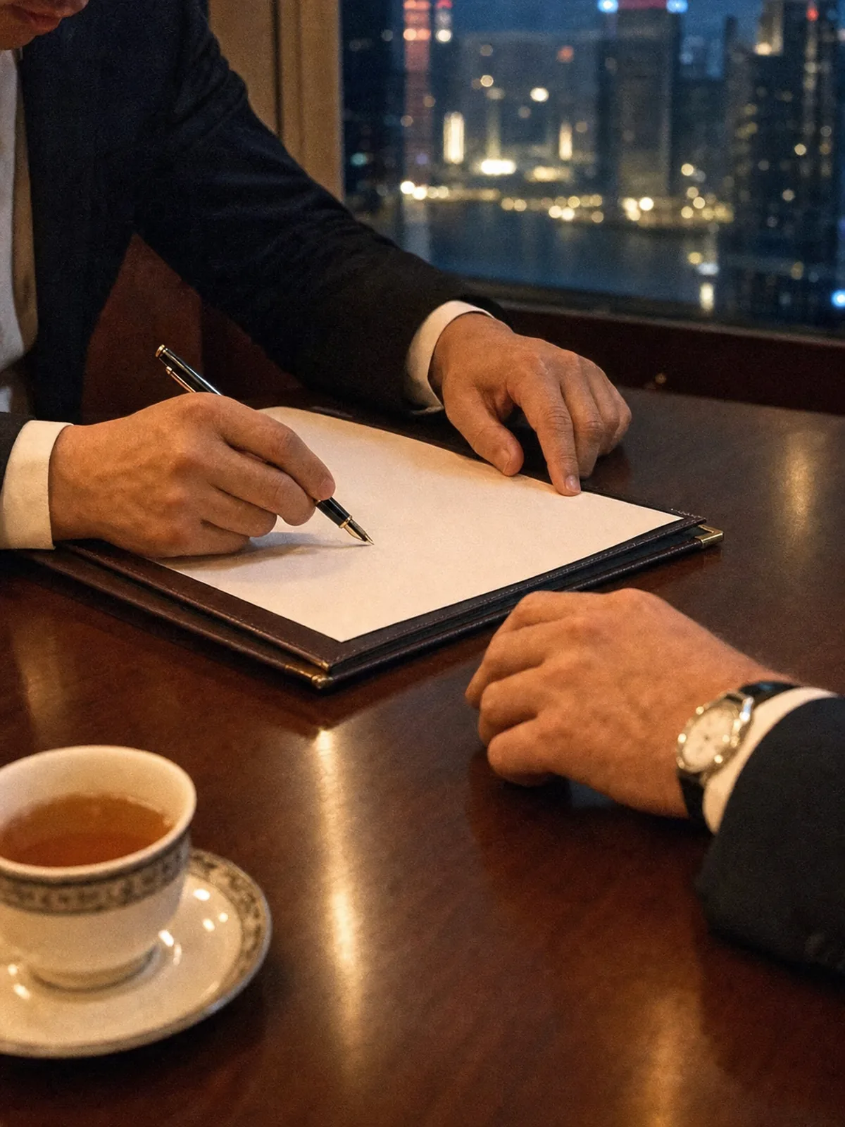 Close crop of a contract being signed with a fountain pen in a Shanghai boardroom in the evening, a cup of tea beside it