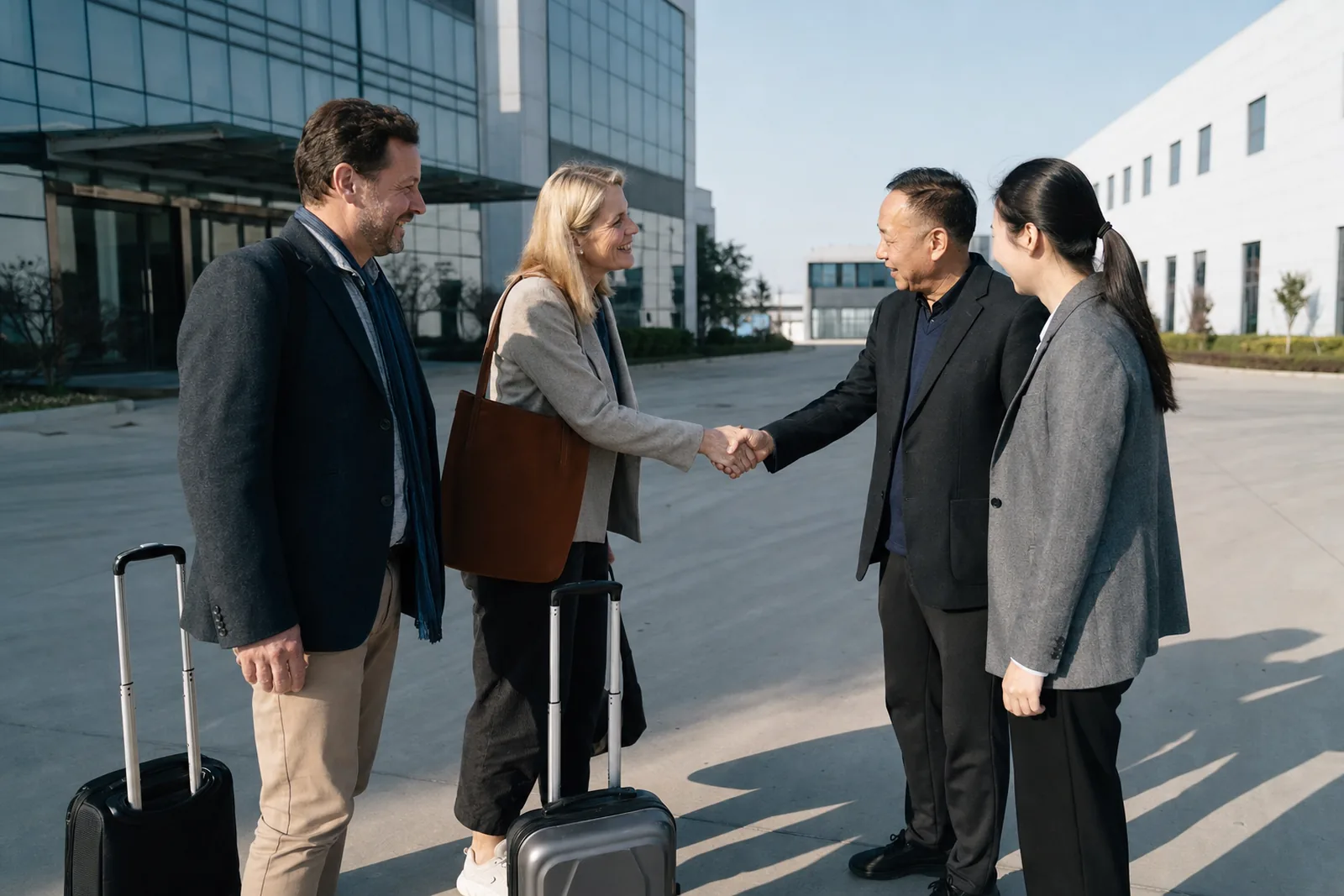 Two Australian buyers with suitcases are welcomed at a factory gate in Jiangsu by the owner and his daughter, the export manager