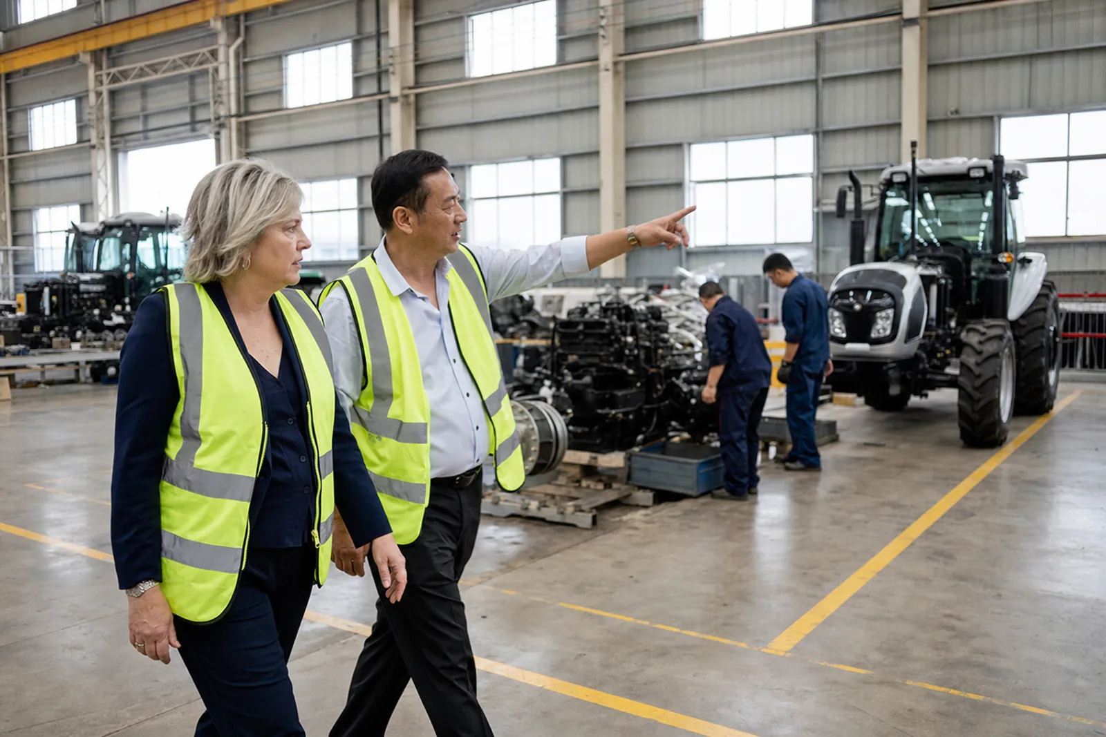 An Australian export consultant walks the assembly line of a tractor factory in Guangdong with the factory owner, who is pointing out a finished machine
