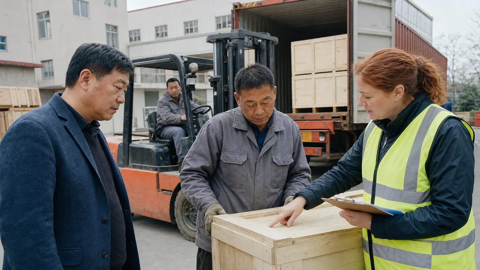 A factory owner and a Western quality inspector check a wooden export crate while a forklift loads a container