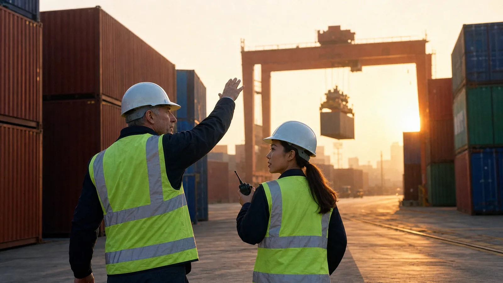 A logistics manager and a freight agent in hi-vis walk between container stacks at a Ningbo terminal at dawn